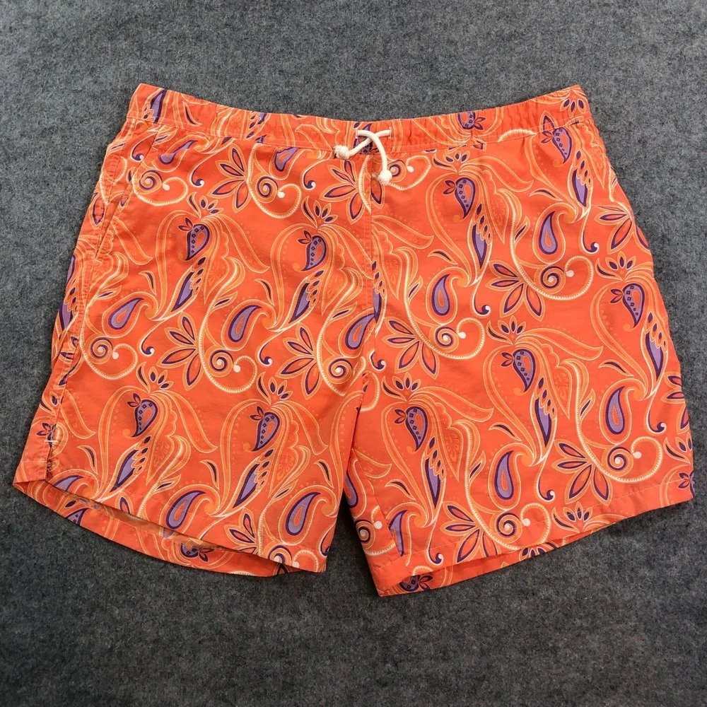 Peter Millar Mens Swim Trunks Large (Fits XXL) Orange Paisley Drawstring Regular